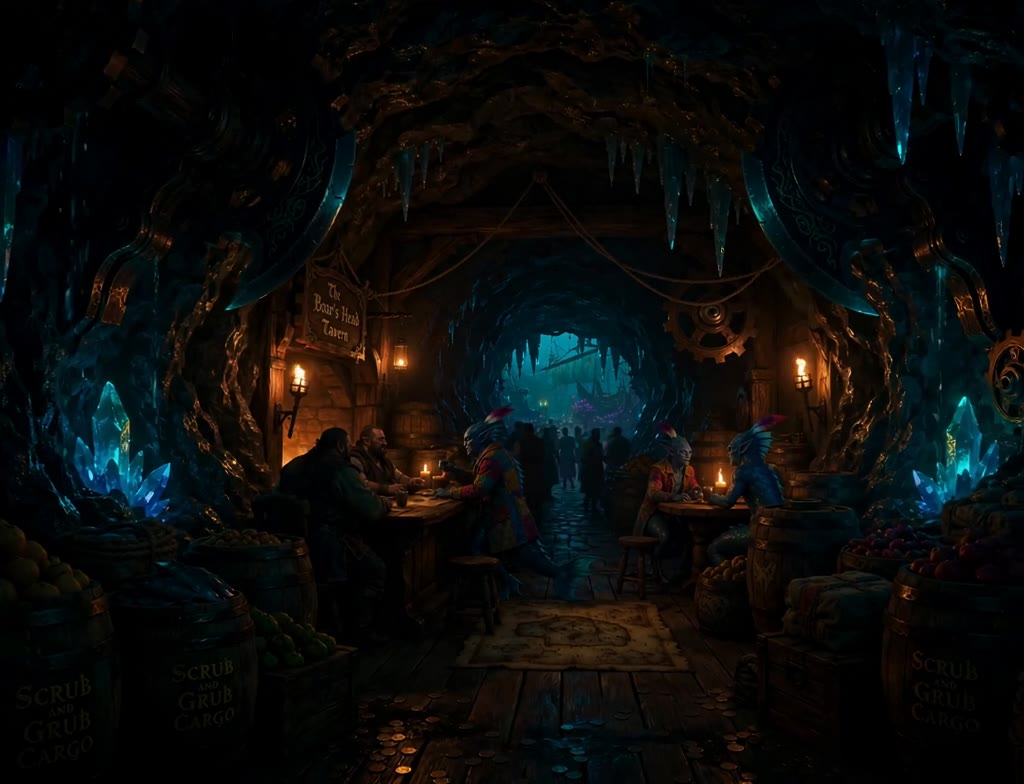 A crystal-lit underground market beneath The Boar's Head Tavern sign