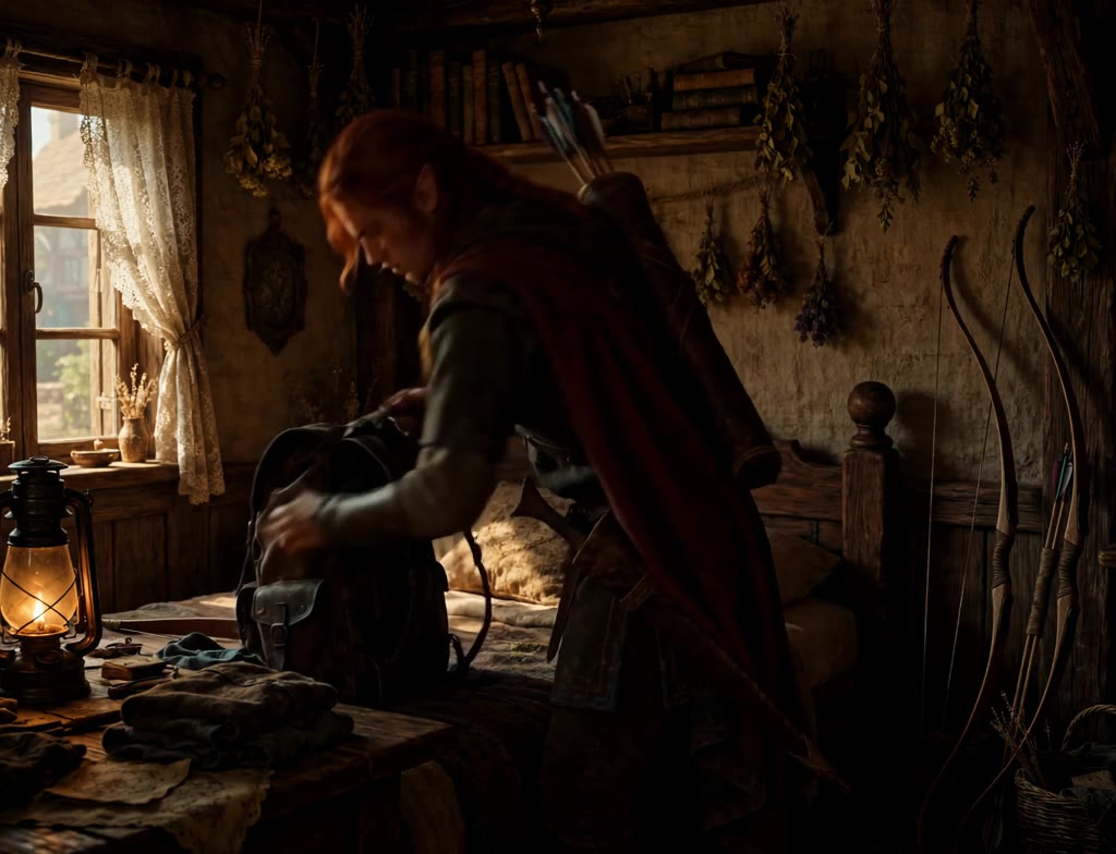 A candlelit cottage room with bows on the wall and a map on the desk
