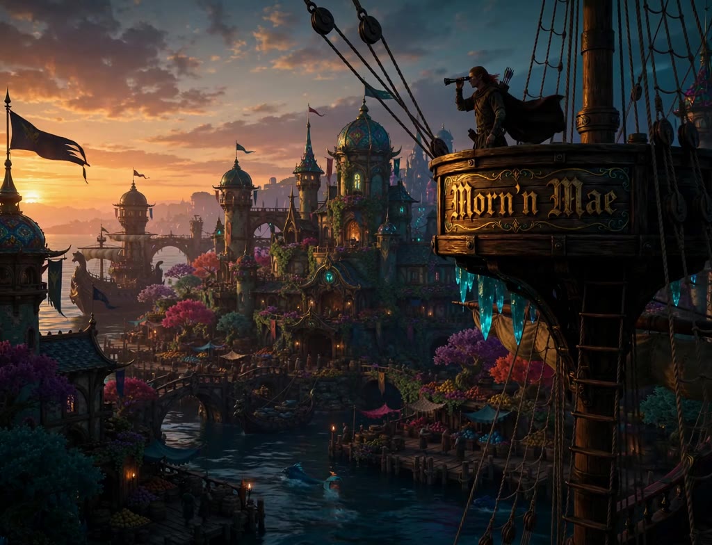 The Morn'n Mae arrives at a domed, flower-covered harbor city at sunset