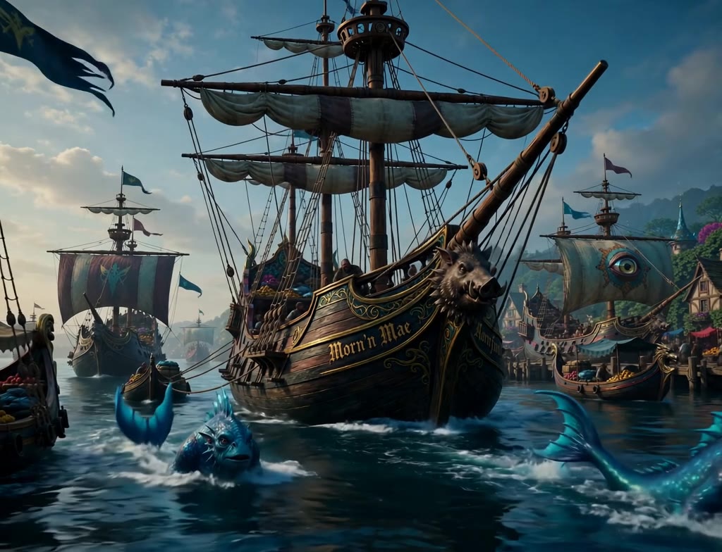 A galleon under full sail leads a fleet across rolling seas