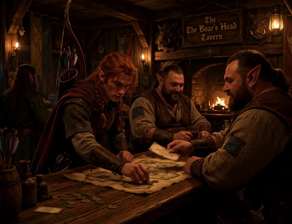 Edgar spreads a map before two men at The Boar's Head Tavern